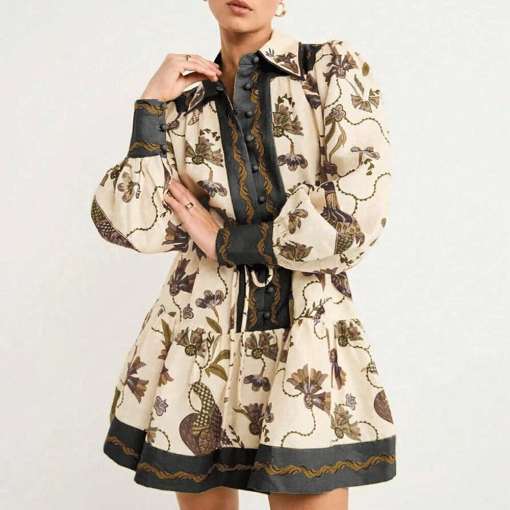 Casual Women's Long Sleeve Bohemian Printed Short Dress